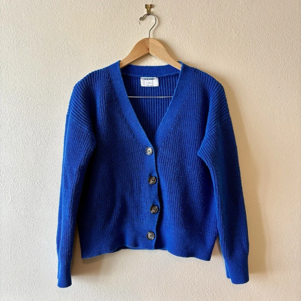 Old Navy Linen Cotton Blend Cardigan Blue V-neck Button Front Sweater Women's M - Picture 6 of 12
